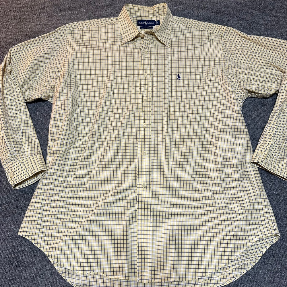 Ralph Lauren Blake Mens‎ Large Yellow Navy Blue Check Cotton Button Down Shirt L
